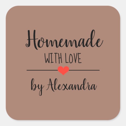 Eenvoudig Zelfgemaakt met liefde bruin script op m Vierkante Sticker (Voorkant)