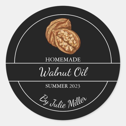 Eenvoudig zelfgemaakt walnotenolielabel | Zwart Ronde Sticker (Voorkant)