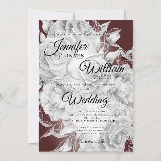 Eenvoudig zilver en Bourgogne Elegant Floral Weddi Kaart (Voorkant)