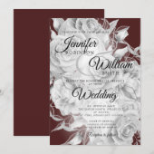Eenvoudig zilver en Bourgogne Elegant Floral Weddi Kaart (Voorkant / Achterkant)