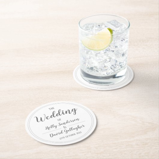 Eenvoudig zilver grijs & wit ontwerp ronde kartonnen onderzetter (Insitu)