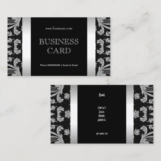 Eenvoudig Zilver Zwart Bloemstuk Damask 2 Visitekaartje (Voorkant / Achterkant)