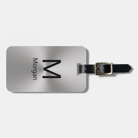 Eenvoudig zilveren en zwarte monogram & naam Sjabl Bagagelabel (Voorkant horizontaal)