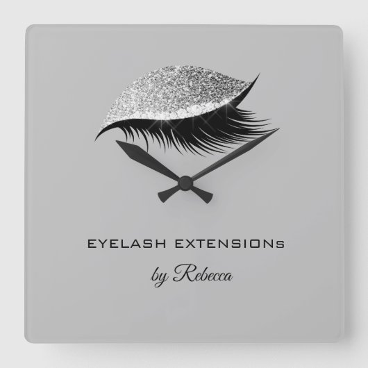 Eenvoudig zilveren Eyelash Glitter Sparkle Beaukle Vierkante Klok (Voorkant)