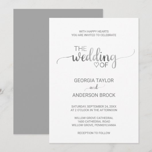 Eenvoudig zilveren oliescalligrafie-huwelijk kaart (Voorkant / Achterkant)