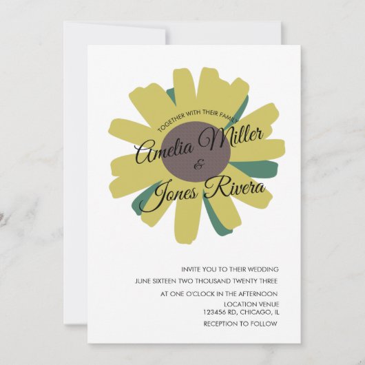 Eenvoudig Zonnebloemscript Greenery Yellow Wedding Kaart (Voorkant)