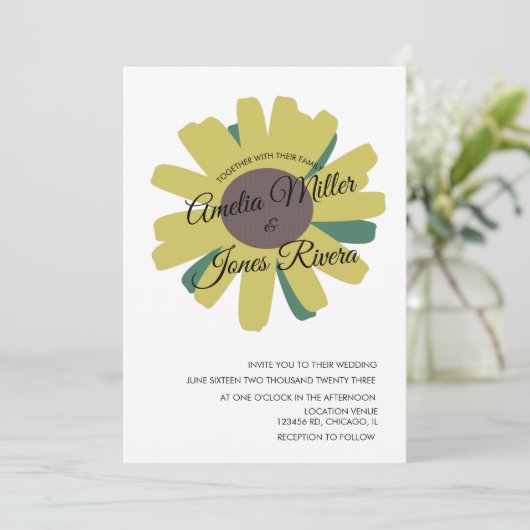 Eenvoudig Zonnebloemscript Greenery Yellow Wedding Kaart (Staand voorkant)
