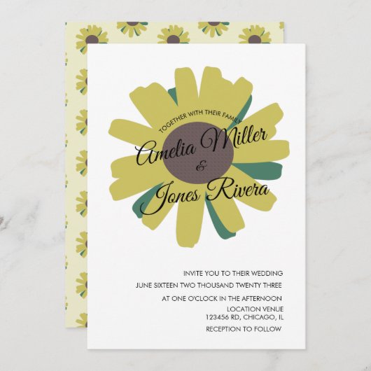 Eenvoudig Zonnebloemscript Greenery Yellow Wedding Kaart (Voorkant / Achterkant)