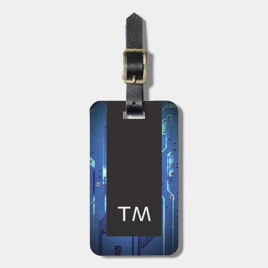 Eenvoudig Zwart Blauw Circuit Board Monogram Bagagelabel (Voorkant verticaal)