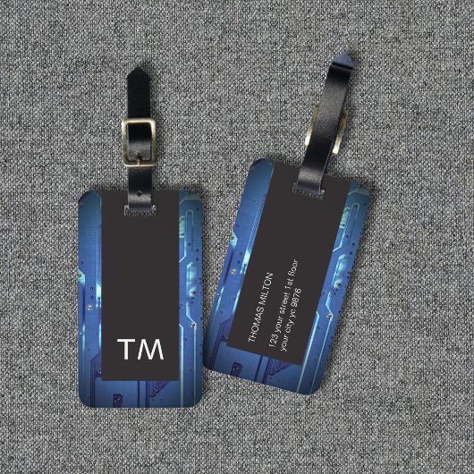 Eenvoudig zwart-blauw printplaatmonogram bagagelabel