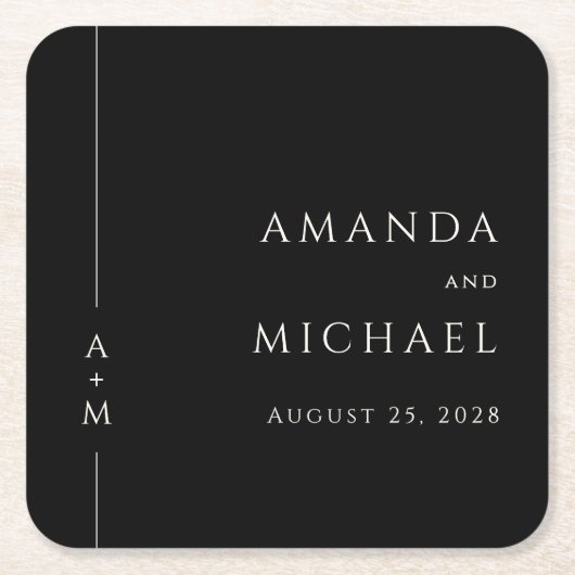 Eenvoudig zwart Elegant Classic Monogram Huwelijk Kartonnen Onderzetters (Voorkant)