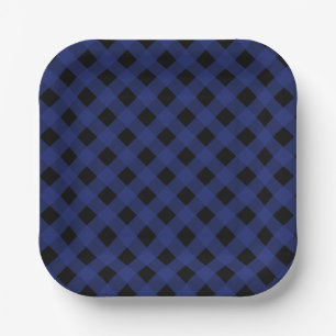 Eenvoudig zwart en blauw geruite patroon papieren bordje