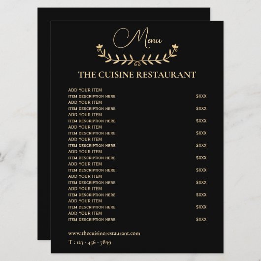 Eenvoudig zwart en Gold Small Restaurant Menu (Voorkant / Achterkant)