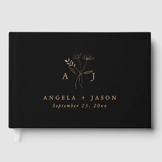 Eenvoudig zwart en goud | Botanisch monogram bruil Gastenboek (Voorkant)