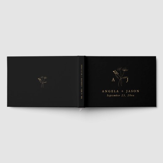 Eenvoudig zwart en goud | Botanisch monogram bruil Gastenboek (Volledig)