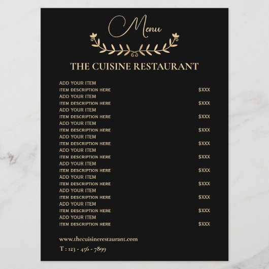 Eenvoudig zwart en goud klein restaurant menu (Voorkant)