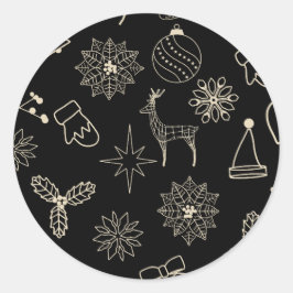 Eenvoudig zwart en goud leuk kerstpatroon ronde sticker