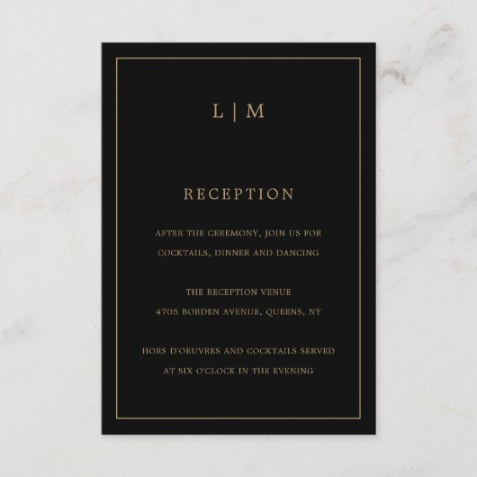 Eenvoudig zwart en goud monogram Elegante bruiloft Informatiekaartje (Voorkant)