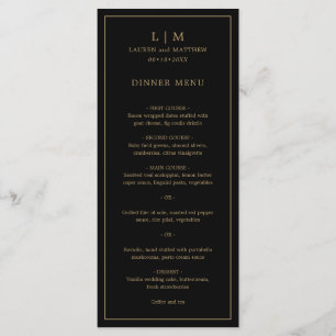 Eenvoudig zwart en goud monogram elegante bruiloft menu