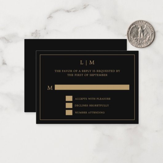 Eenvoudig zwart en goud monogram Elegante bruiloft Notitiekaartje (Voorkant / Achterkant in situ)