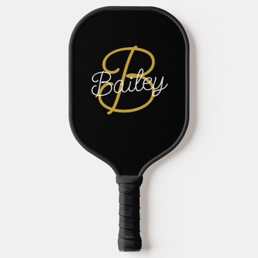 Eenvoudig zwart en goud retroscript monogram pickleball paddle (Voorkant)