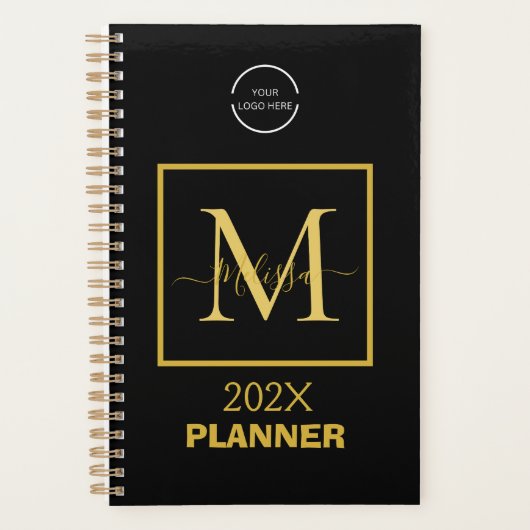 Eenvoudig zwart en gouden Logo & QR-Code Monogram Planner (Voorkant)