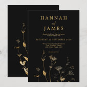 Eenvoudig zwart en goudkleurig Wildflower Wedding Kaart (Voorkant / Achterkant)