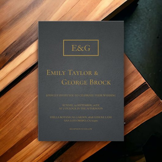 Eenvoudig zwart en goudmonogram bruisend huwelijk kaart