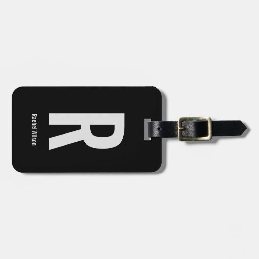 Eenvoudig zwart en grijs monogram Initiaal en naam Bagagelabel (Voorkant horizontaal)