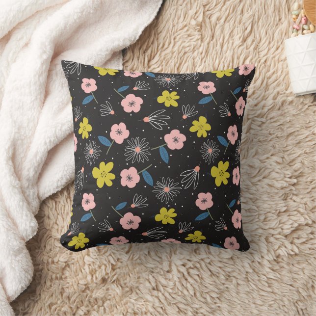 Eenvoudig zwart en roze illustratie Floral Pattern Kussen (Deken)