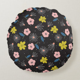 Eenvoudig zwart en roze illustratie Floral Pattern Rond Kussen
