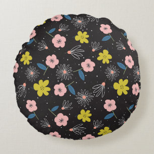 Eenvoudig zwart en roze illustratie Floral Pattern Rond Kussen