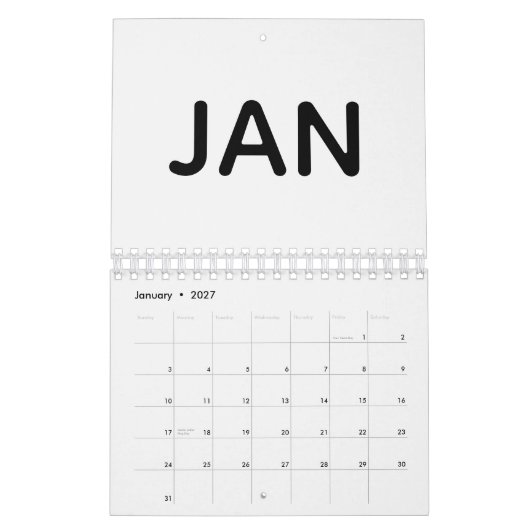 Eenvoudig Zwart en Wit 2026 Kalender (Jan 2027)