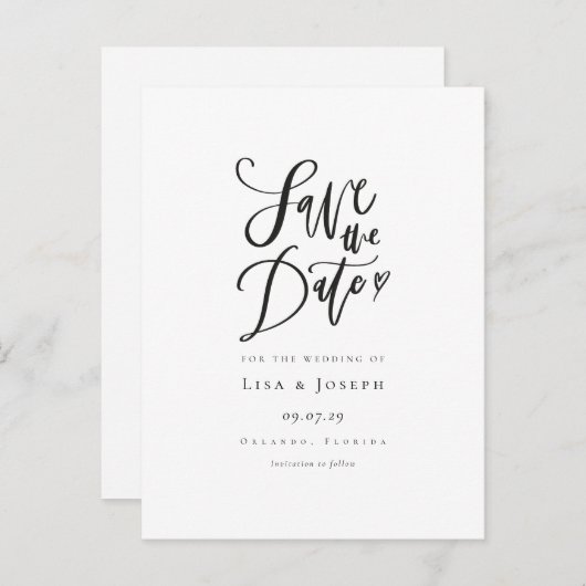Eenvoudig Zwart en Wit Manuscript sparen de Datum Aankondigingskaart (Voorkant / Achterkant)