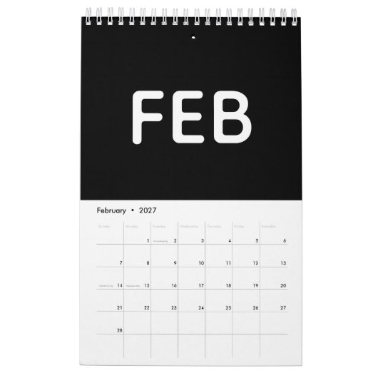 Eenvoudig Zwart en Wit Minimalistisch Kalender (Feb 2027)