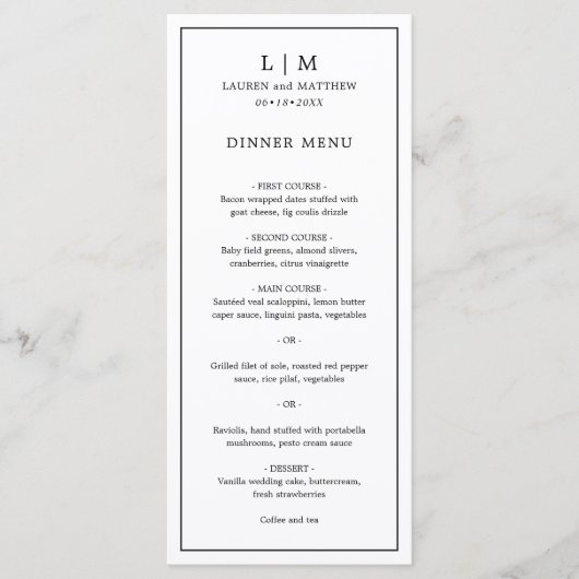 Eenvoudig zwart en wit monogram elegante trouw menu (Voorkant)