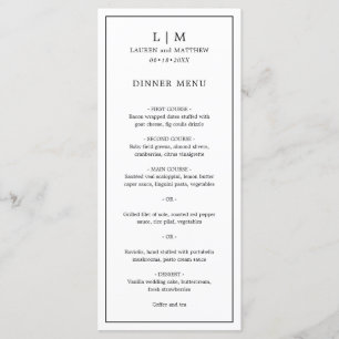 Eenvoudig zwart en wit monogram elegante trouw menu