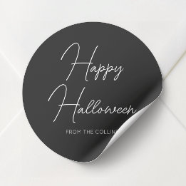 Eenvoudig zwart en wit script Gelukkig Halloween Ronde Sticker