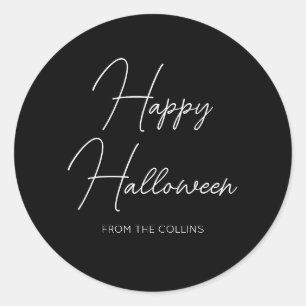 Eenvoudig zwart en wit script Gelukkig Halloween Ronde Sticker