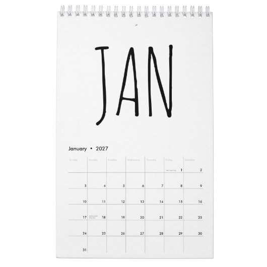 Eenvoudig zwart en wit script schrijven kalender (Jan 2027)