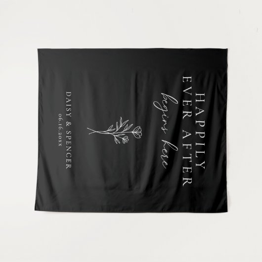 Eenvoudig zwart gelukkig ooit begint hier bruiloft wandkleed (Voorkant (horizontaal))