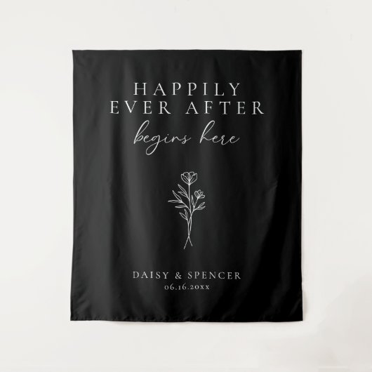 Eenvoudig zwart gelukkig ooit begint hier bruiloft wandkleed (Voorkant)