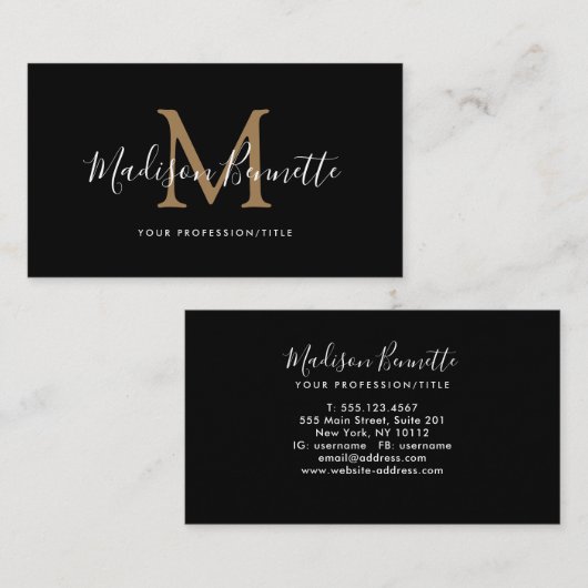 Eenvoudig zwart Gold Script Typografie Monogram Visitekaartje (Voorkant / Achterkant)