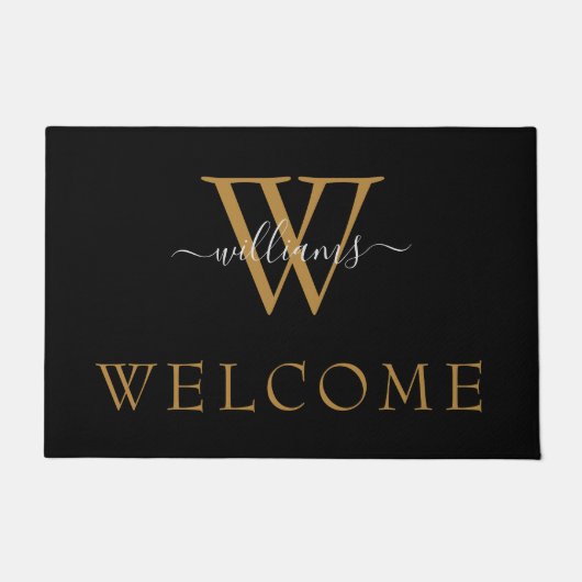Eenvoudig zwart Gold White Script Monogram Welkom Deurmat (Voorkant)
