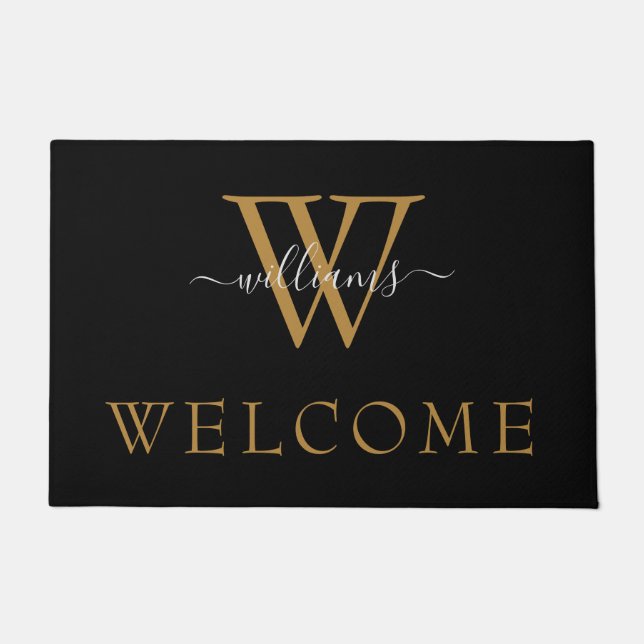 Eenvoudig zwart Gold White Script Monogram Welkom Deurmat (Voorkant)
