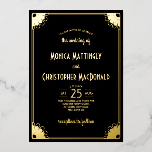 Eenvoudig Zwart Goud Art Deco Retro Bloemen Huweli Folie Uitnodiging (Voorkant)