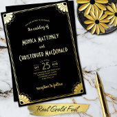 Eenvoudig Zwart Goud Art Deco Retro Bloemen Huweli Folie Uitnodiging