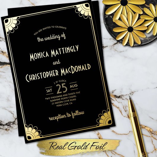 Eenvoudig Zwart Goud Art Deco Retro Bloemen Huweli Folie Uitnodiging