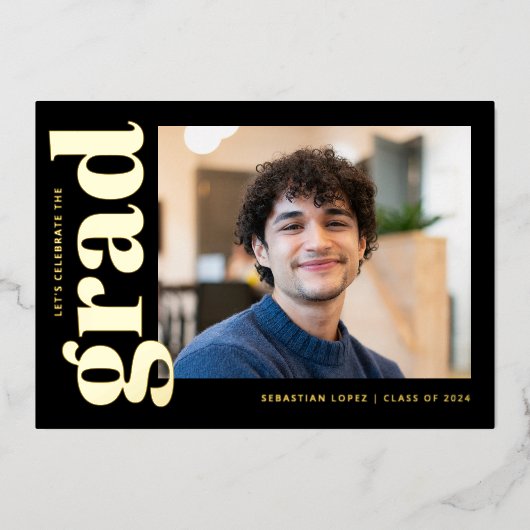 Eenvoudig zwart goud foto afstudeerfeest folie uitnodiging (Voorkant)