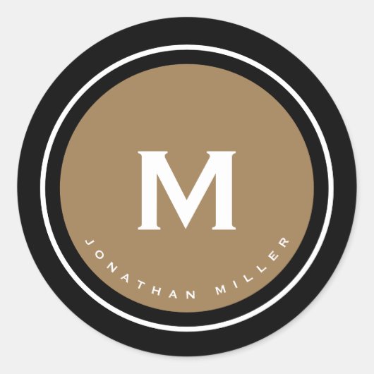 Eenvoudig zwart goud klassiek monogram ronde sticker (Voorkant)